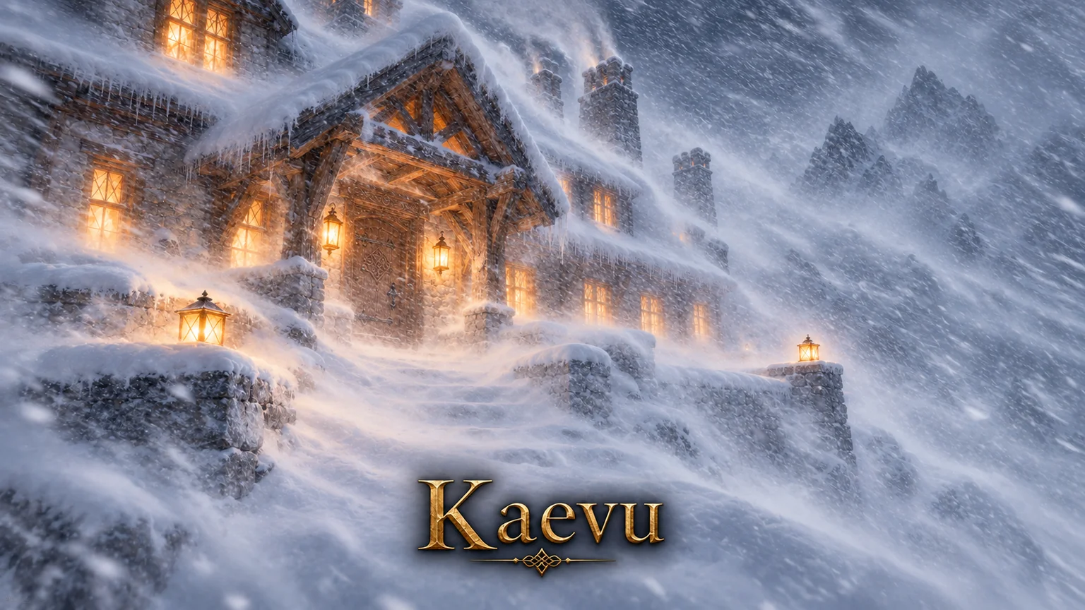 Warm windows and lanterns illuminate the snow-covered entrance of a stone mountain lodge during a blizzard.