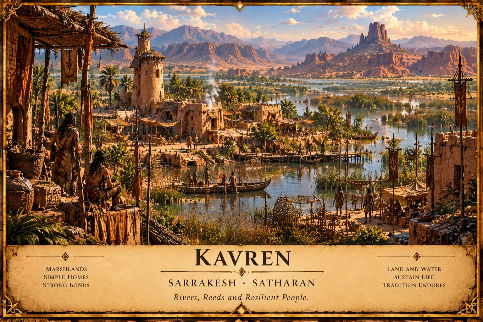 A waterside settlement with towers, timber walkways, and lush vegetation spreads across rivers and pools beneath desert mesas.