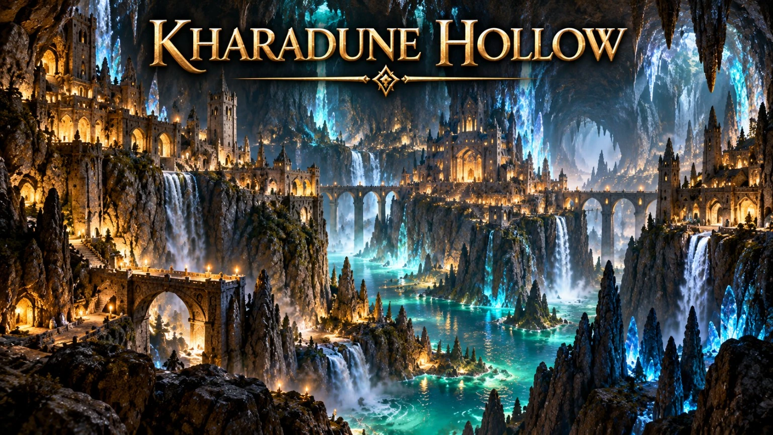 An immense cavern with stalactites, waterfalls, and a still turquoise pool.