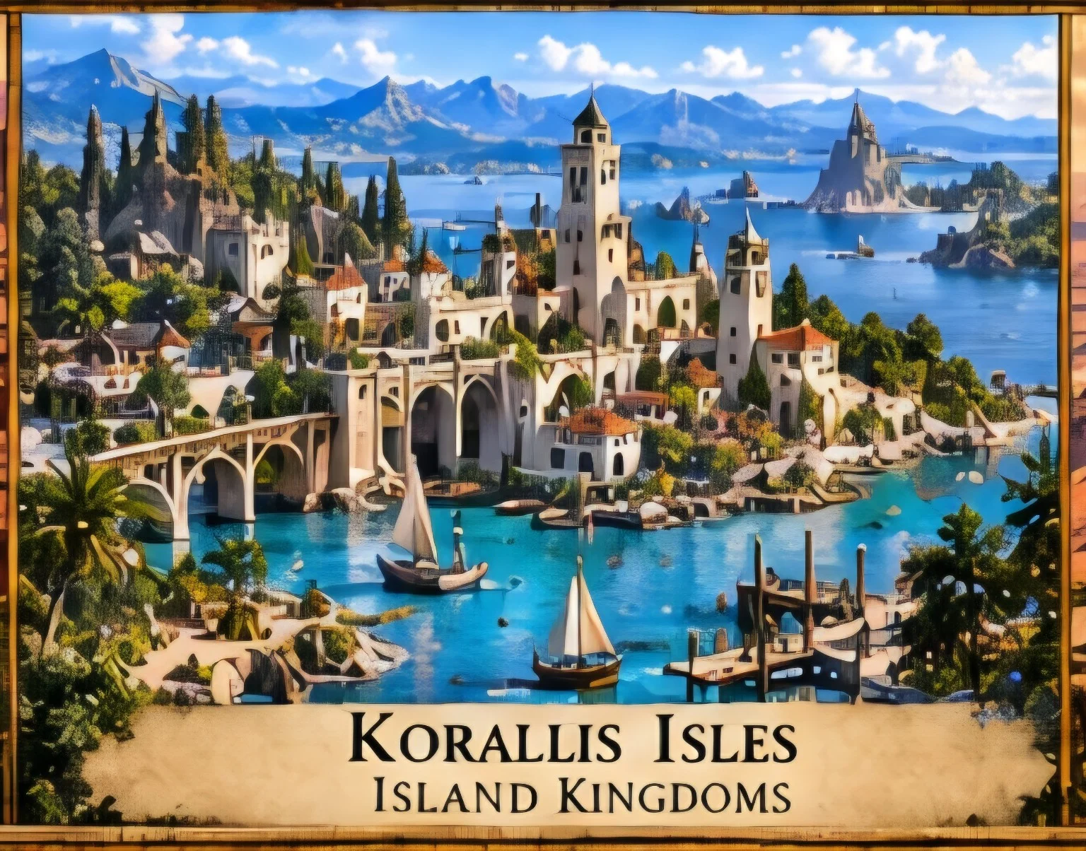 An island town with stone towers, arched bridges, and a busy harbor sits amid turquoise water and distant mountains.