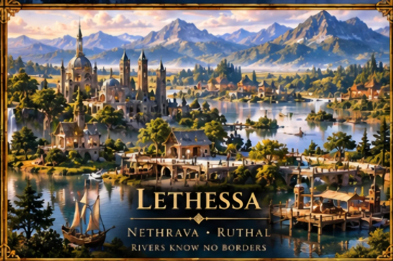 A lakeside city of domes and towers overlooks wooden docks, sailing boats, and mountain-framed waterways.
