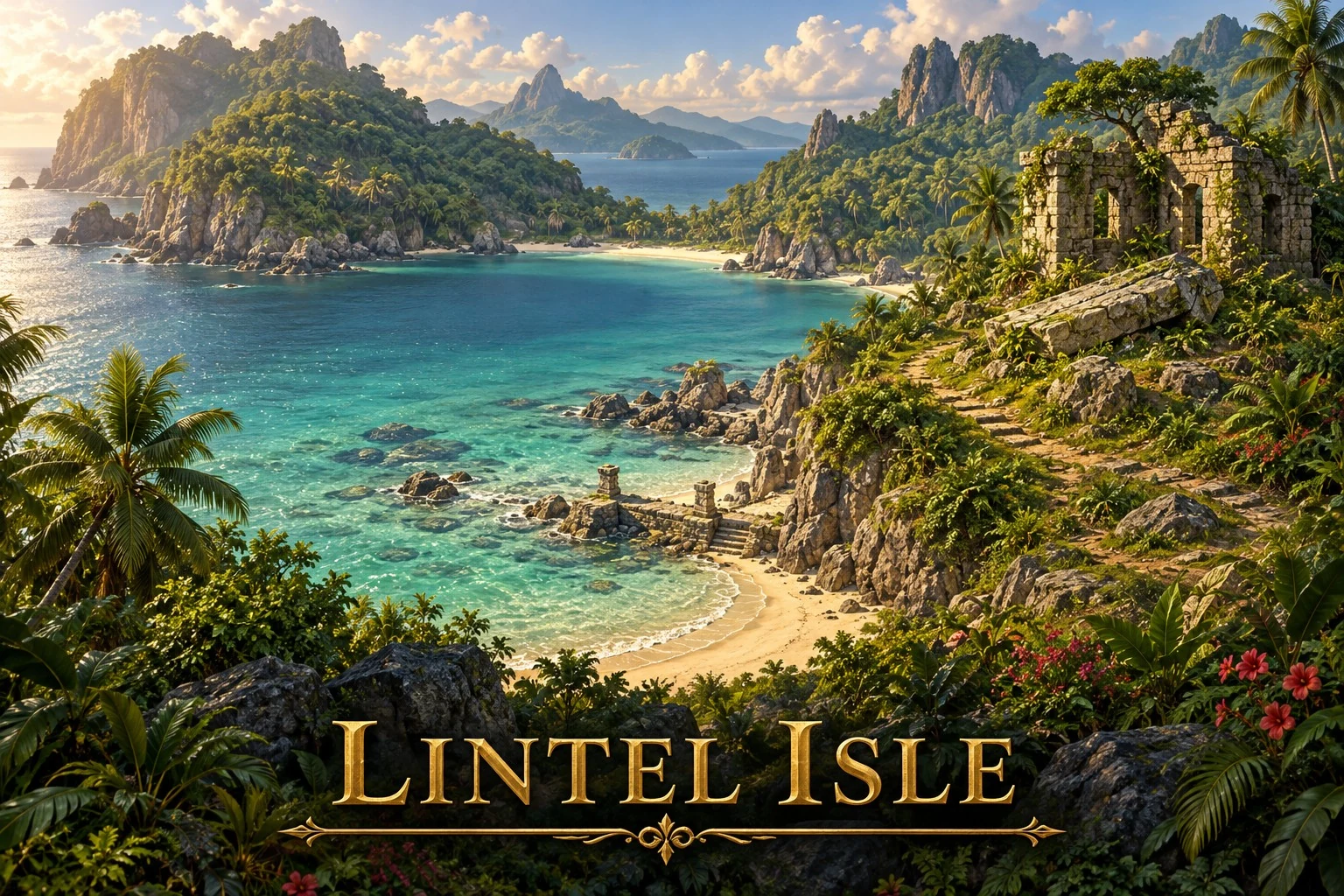 Ancient stone ruins overlook a sheltered turquoise bay bordered by lush tropical hills and rocky shores.