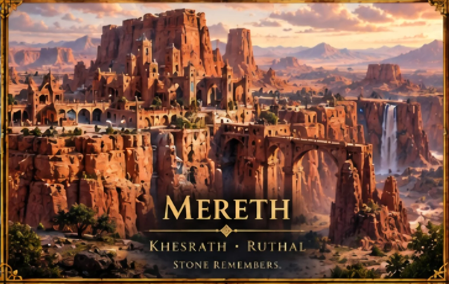 A red stone fortress and terraced settlement stand atop steep canyon cliffs linked by a high arched bridge.