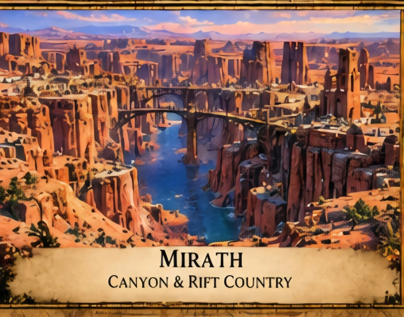 Red sandstone towers and settlements rise above a river canyon crossed by high bridges.