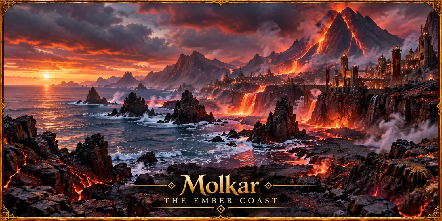 A dark coastal fortress stands beside glowing lava flows beneath an erupting volcano at sunset.