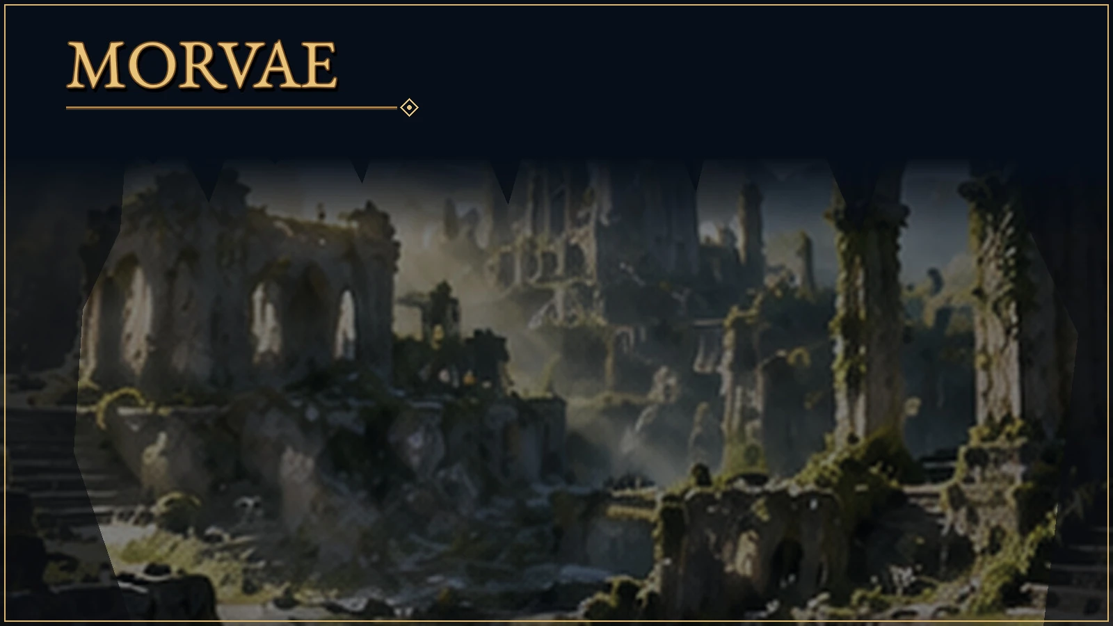 Panoramic view of Morvae, with overgrown stone ruins and towering arches in a mist-filled landscape.