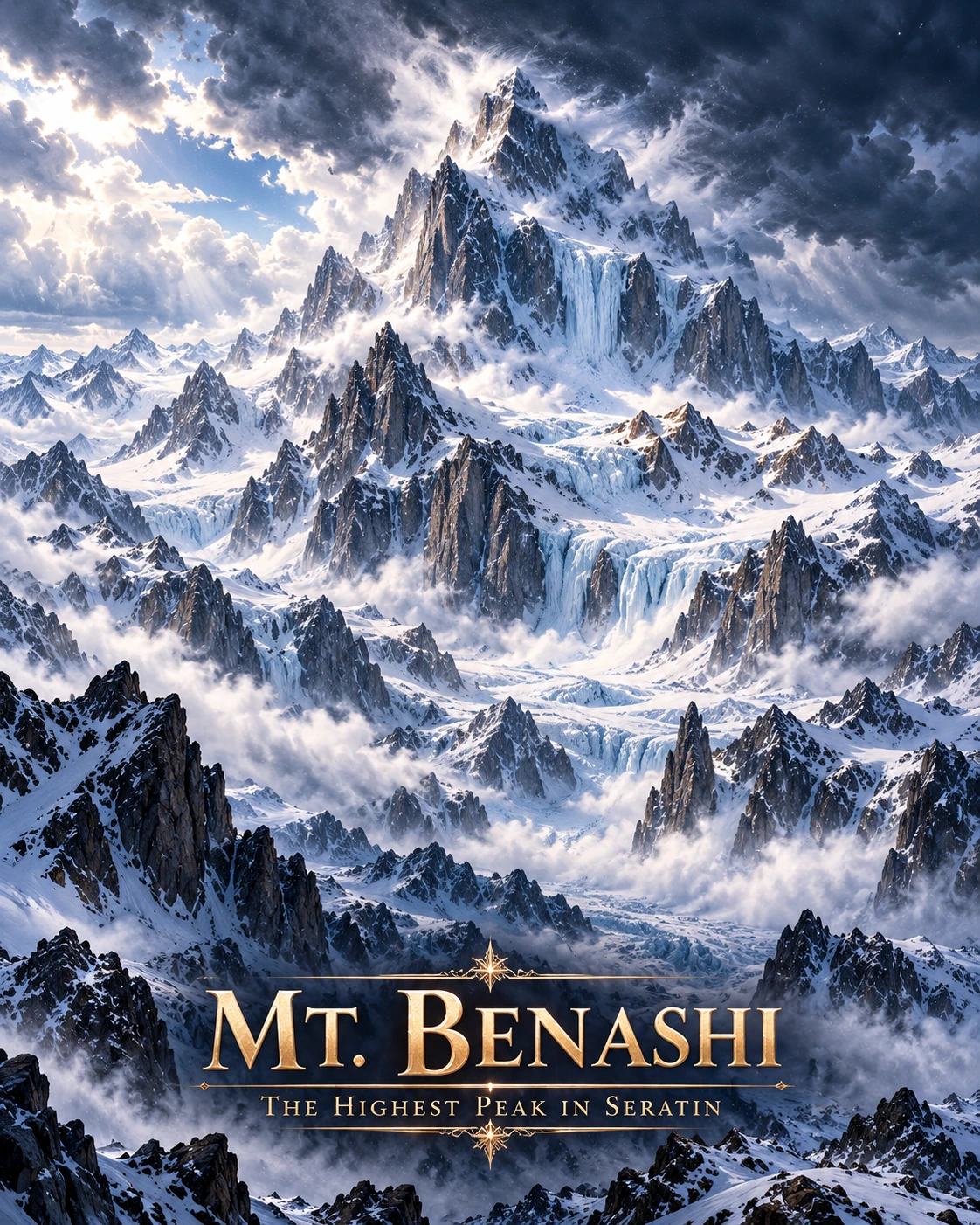 Snow-covered Mt. Benashi rises above jagged peaks and glaciers beneath dramatic clouds, with sunlight breaking over the mountain range.