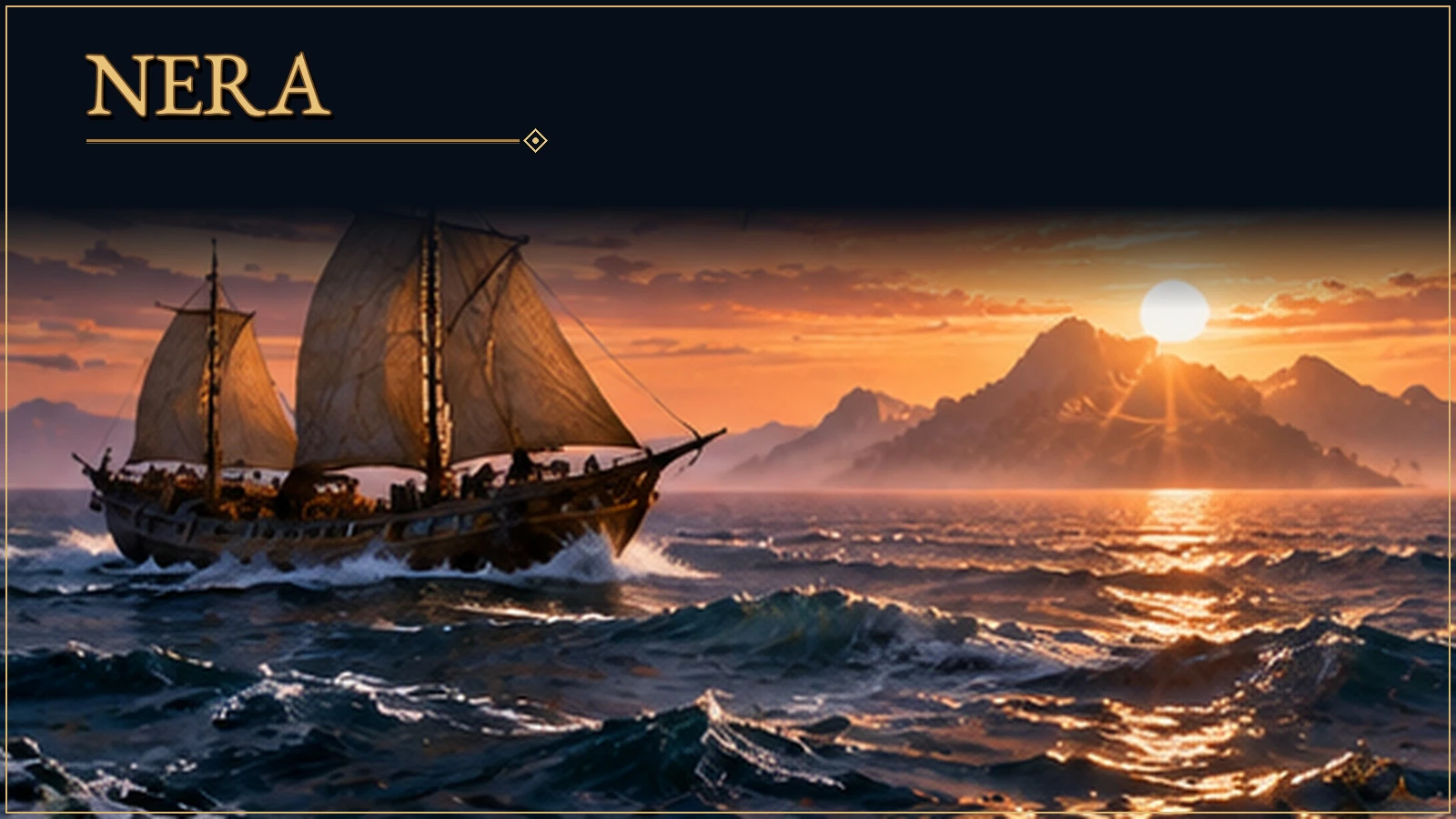 Panoramic view of Nera, with a sailing vessel crossing open water beneath a golden sunset.