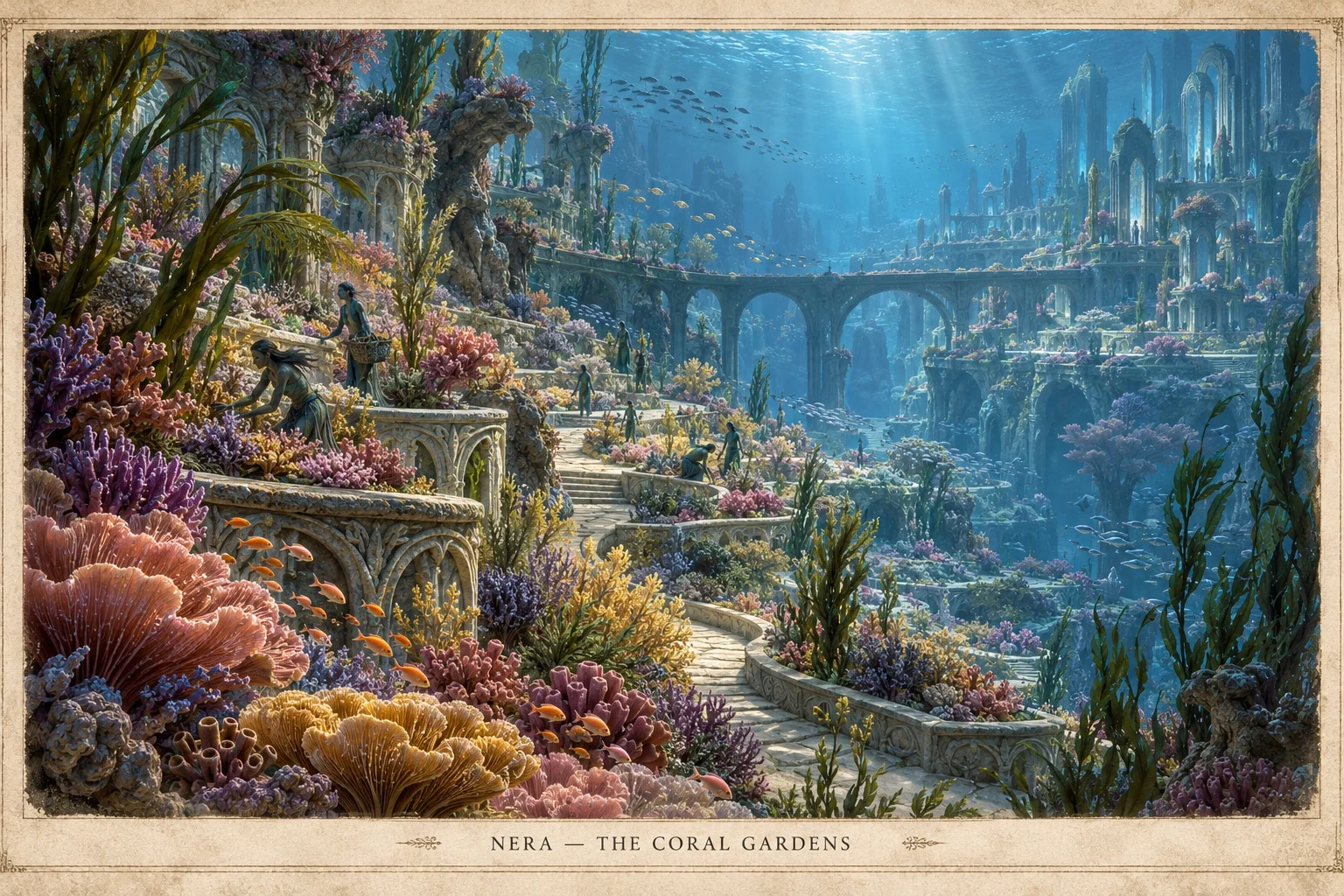 Colorful coral gardens surround underwater terraces, stone paths, and arched bridges beneath shafts of sunlight.