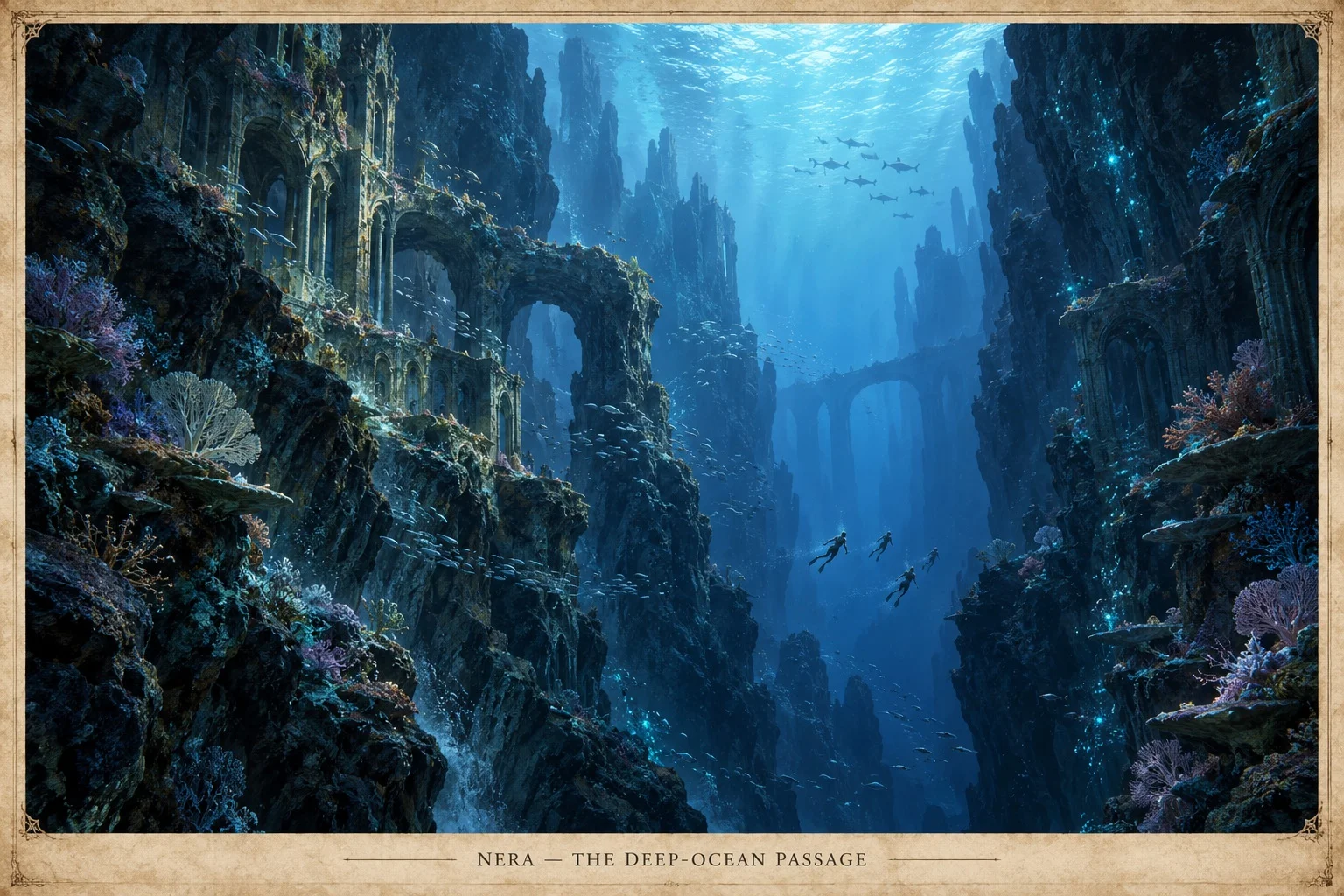 Swimmers cross a deep blue underwater passage between towering cliffs, coral-covered arches, and ancient stone structures.