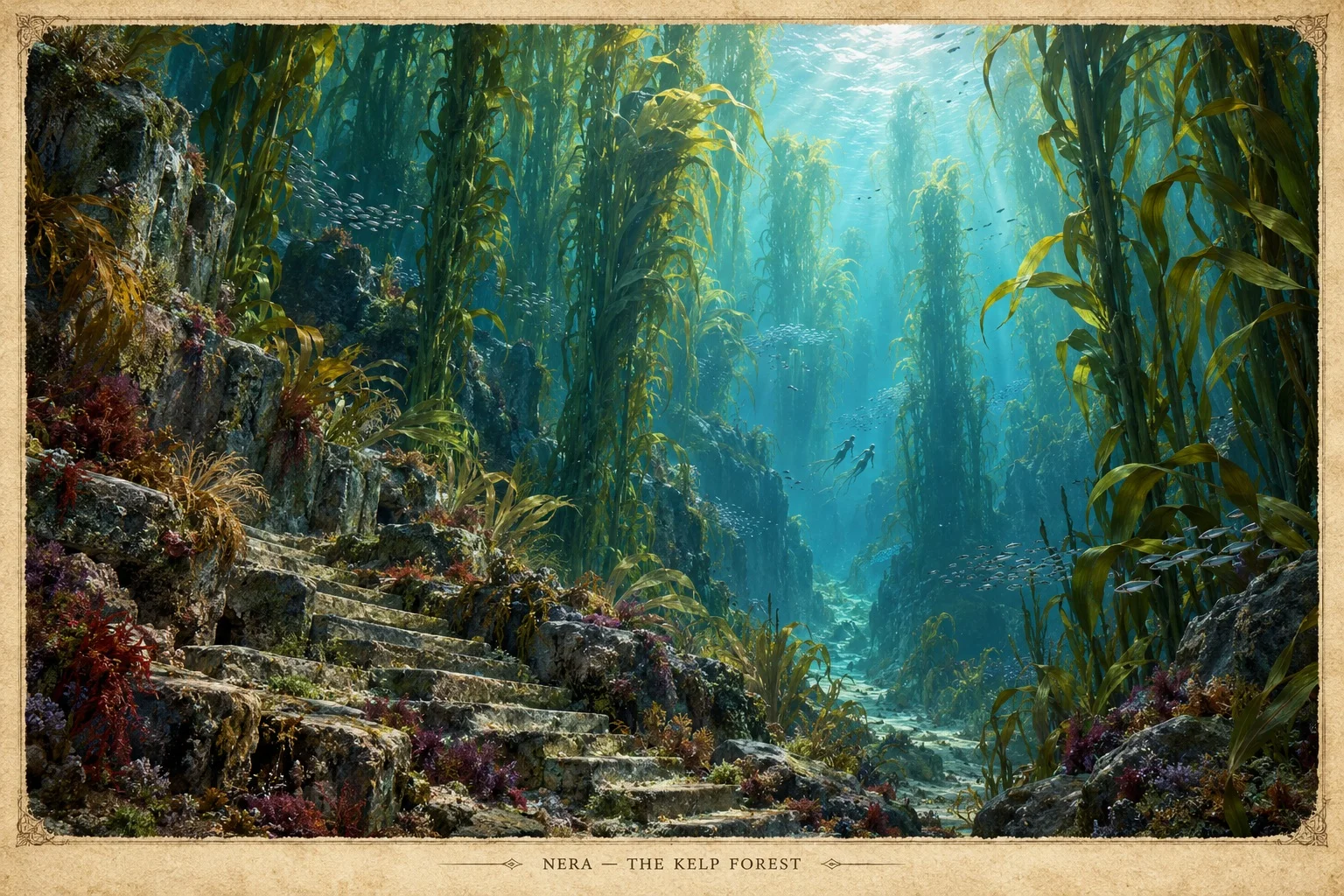 Sunlight filters through a dense underwater kelp forest above coral-covered rocks and a winding seabed path.