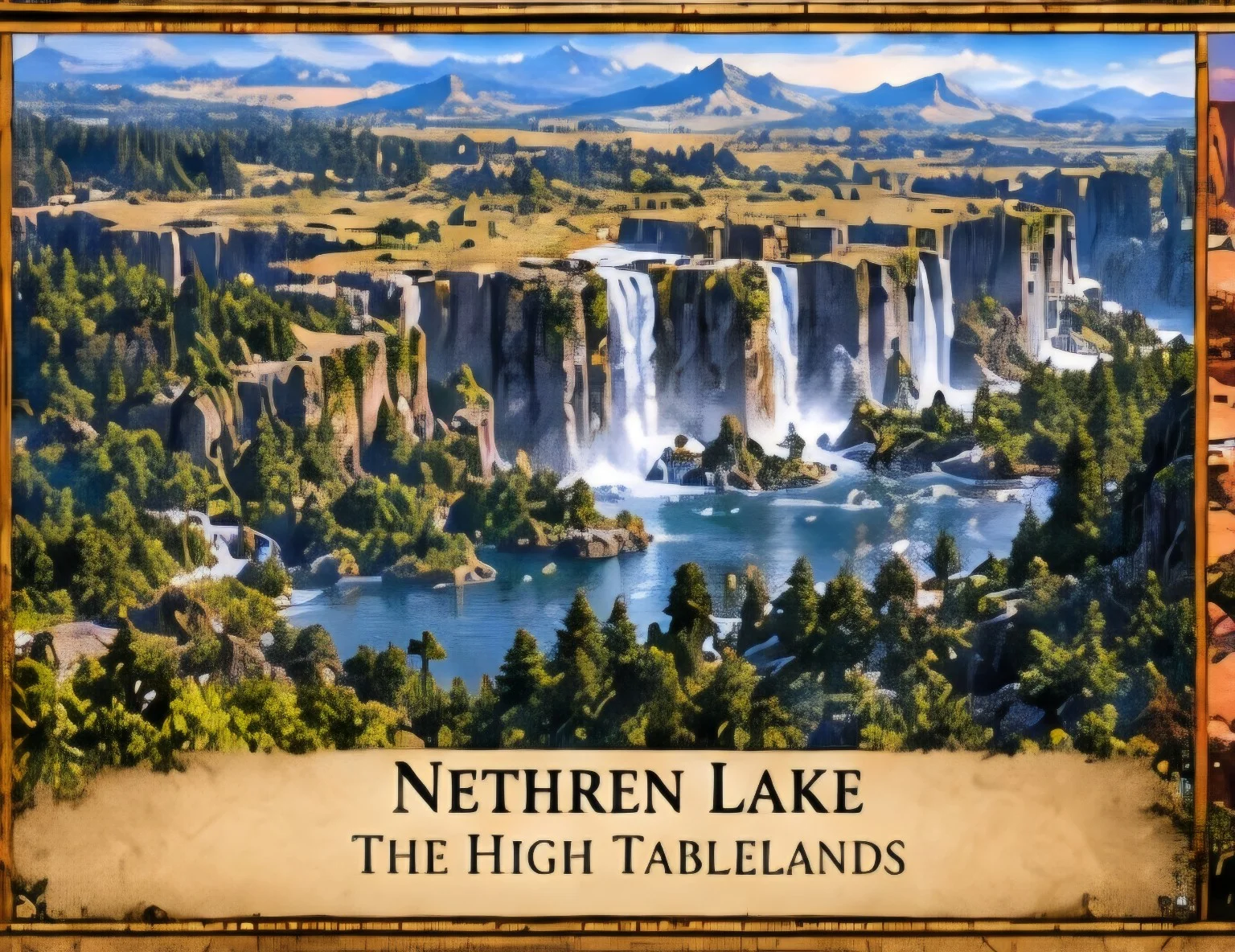 Broad waterfalls tumble from grassy tablelands into a forest-lined lake beneath distant mountains.