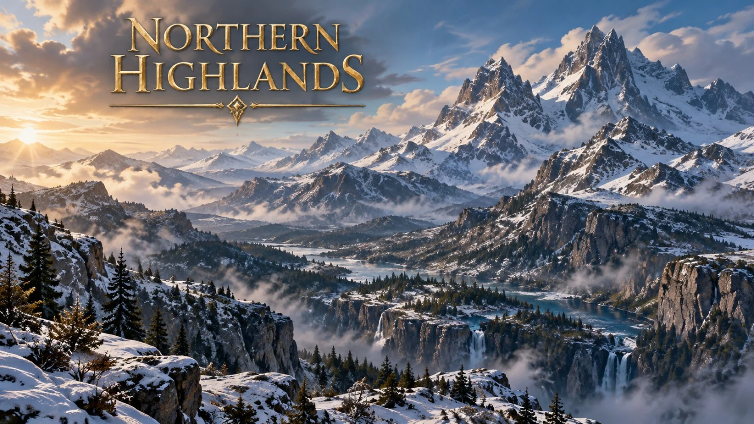 A panoramic view across snow-covered mountains, pine forests, cliffs, and winding highland valleys.