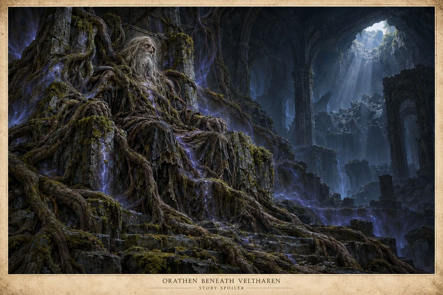 A vast root-covered form rises in a dark cavern beneath Veltharen. Contains story spoilers.
