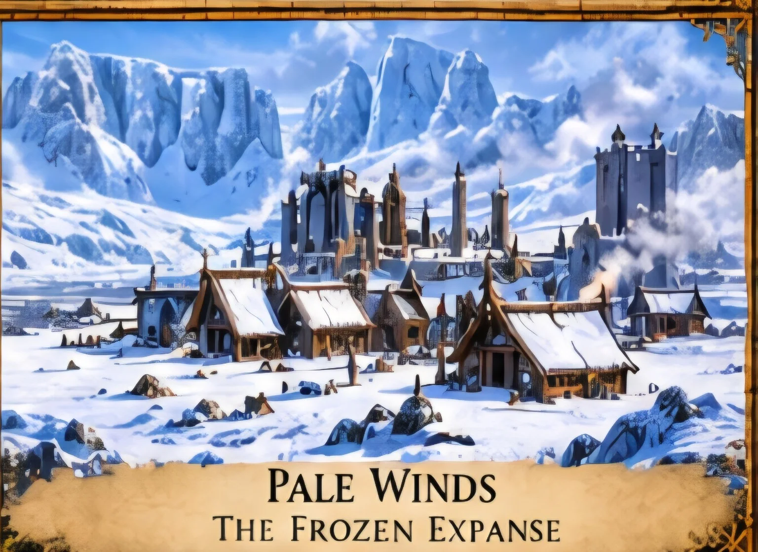 A settlement of timber buildings and stone towers stands on a frozen plain below immense ice cliffs and snowy peaks.
