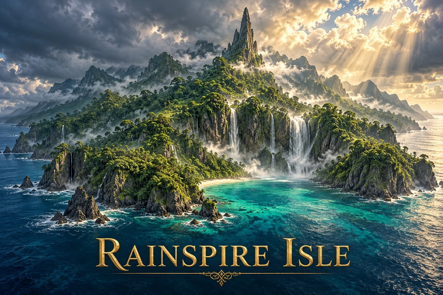 Waterfalls cascade from a lush mountainous island into a sheltered turquoise bay beneath storm clouds and shafts of sunlight.