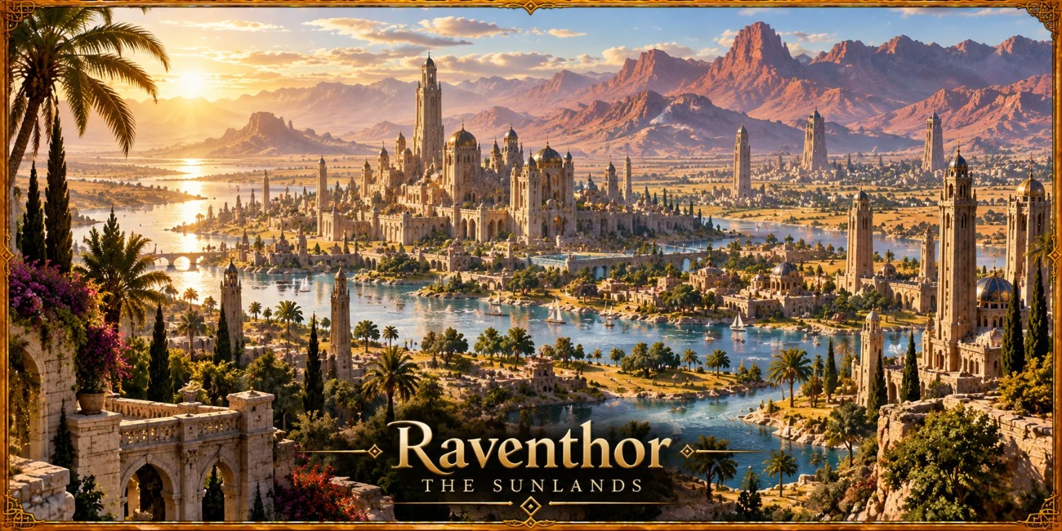 A city of tall stone towers and palm-lined waterways spreads across a sunlit desert valley beneath red mountains.