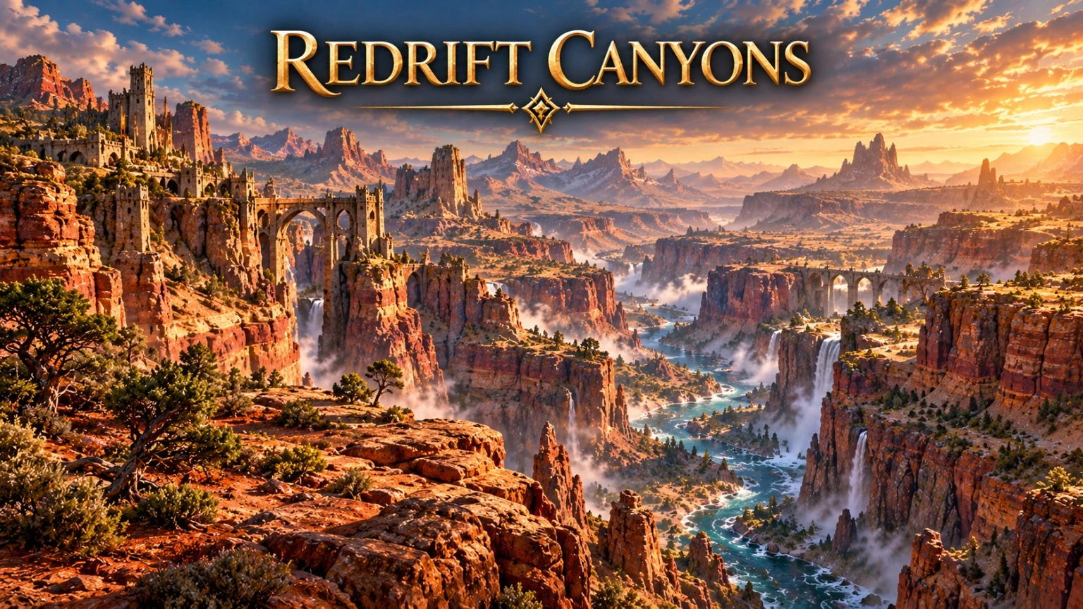 Layered red cliffs rise above a winding river through rugged canyon country.