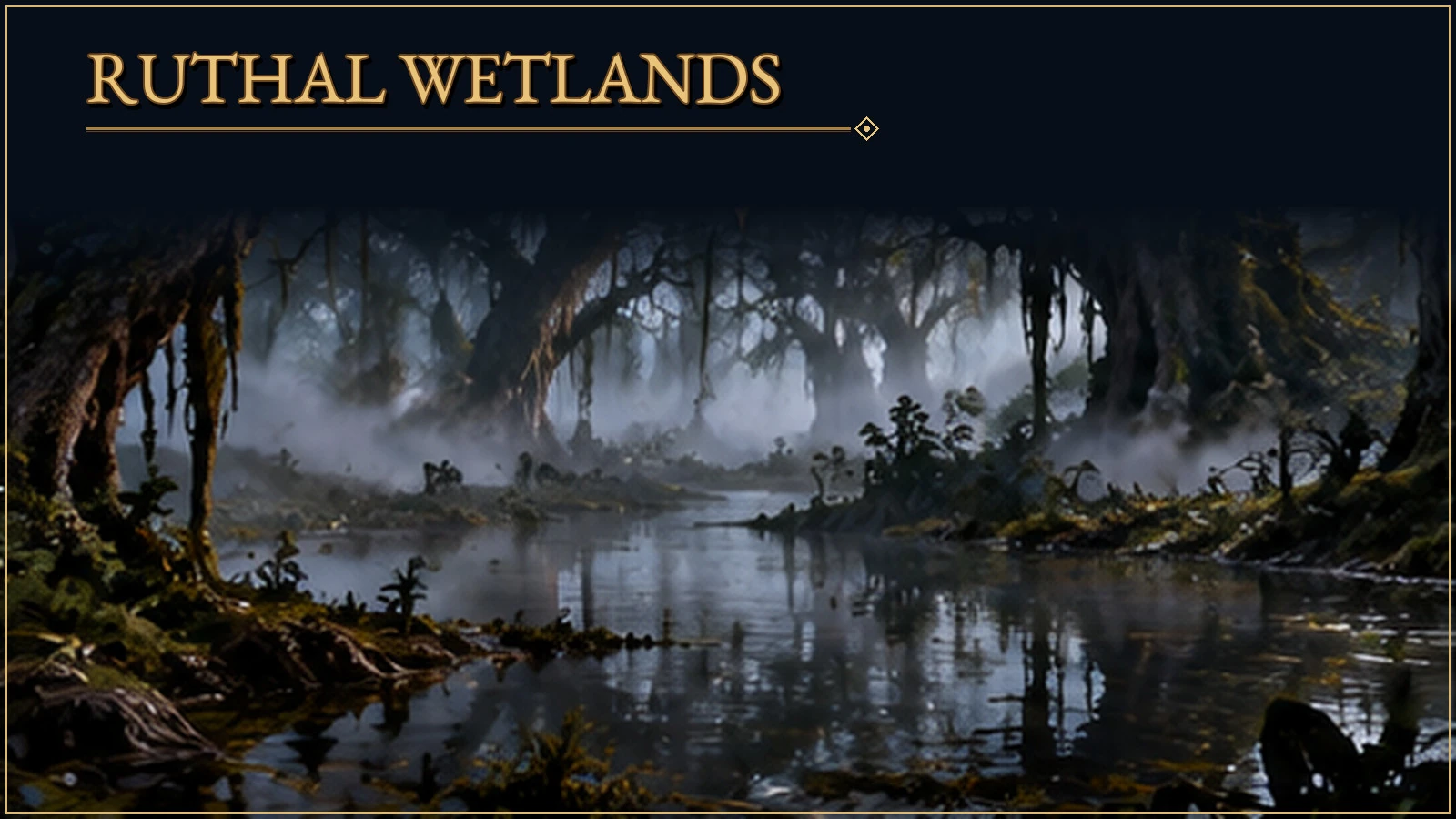 Panoramic view of the Ruthal Wetlands, with still waterways beneath moss-covered trees and mist.