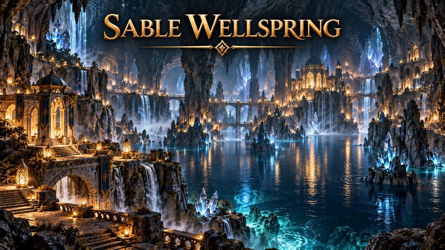 Waterfalls and stone terraces surround a luminous underground spring.