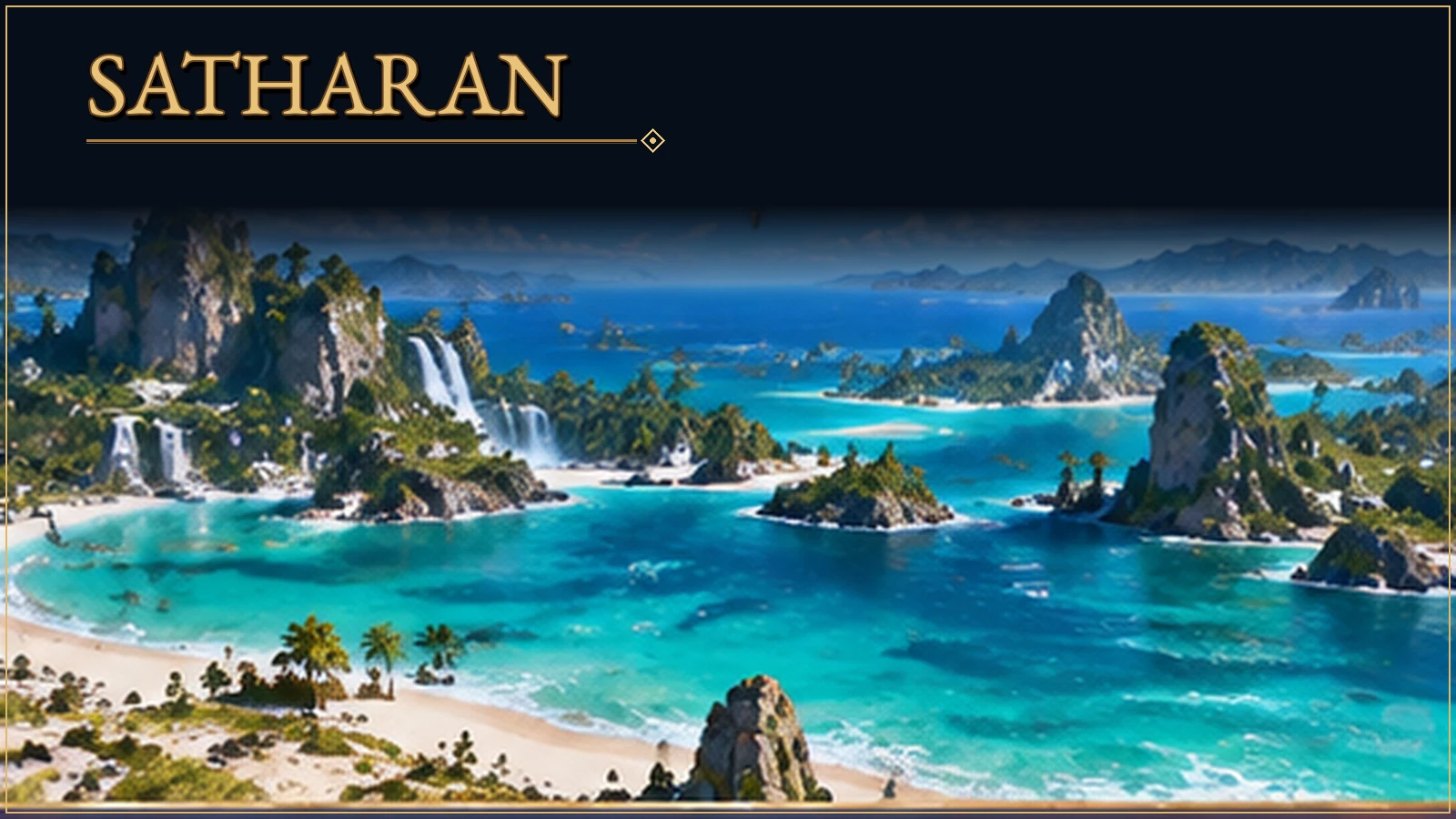 Panoramic view of Satharan, with turquoise coastal waters, green islands, and white beaches.
