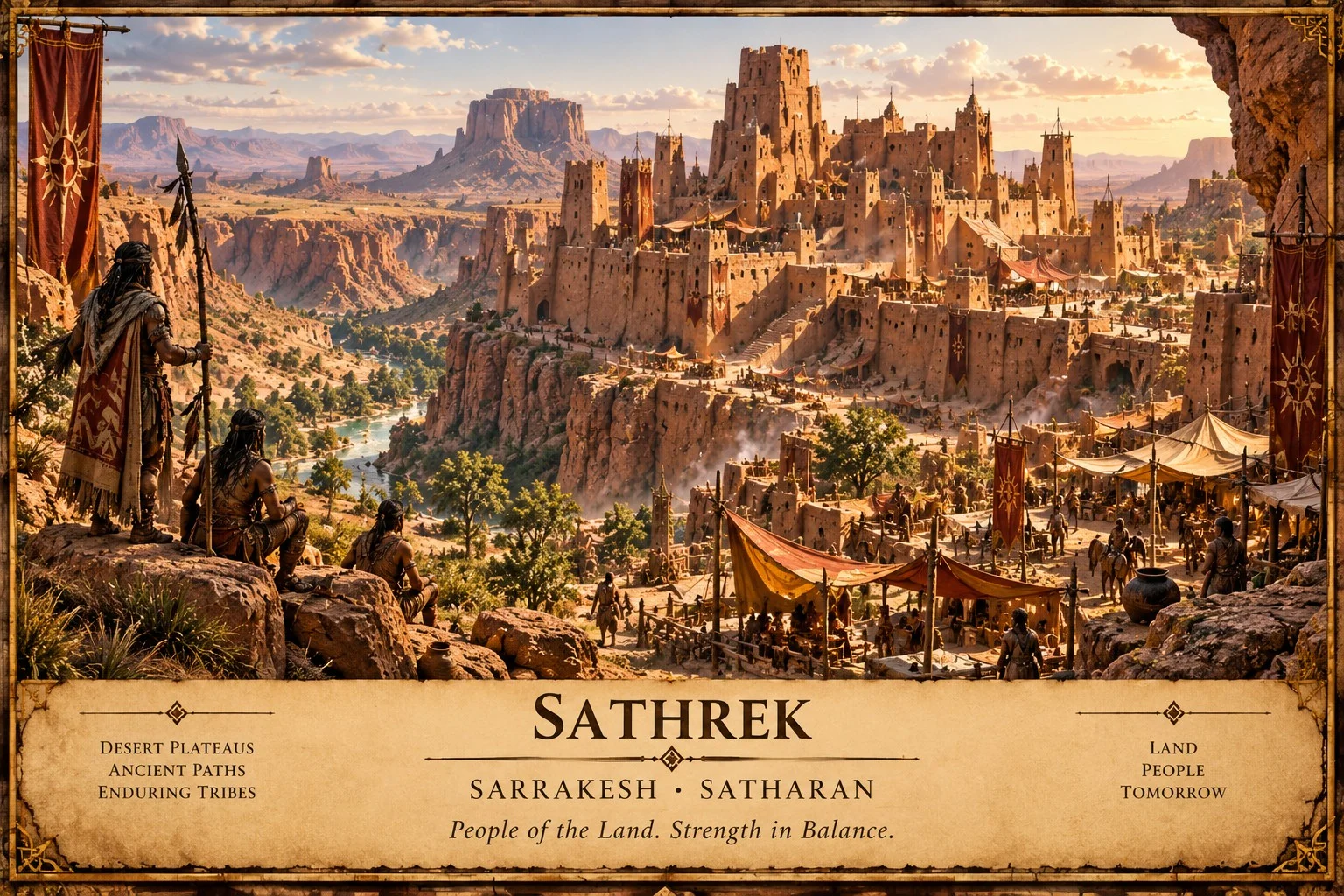 A traveler overlooks a red stone city and towering fortress above a canyon, with markets and terraces in the foreground.