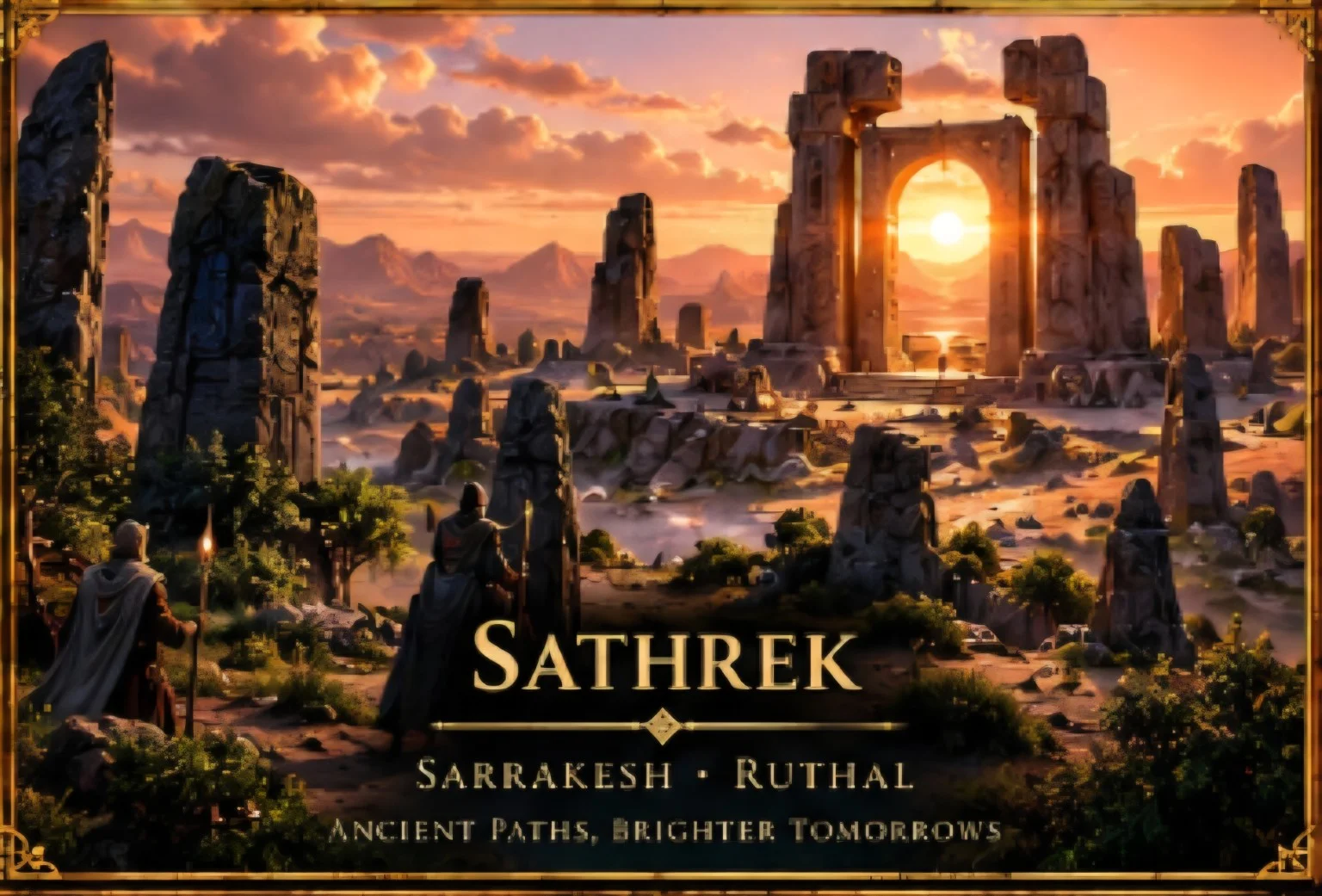 Travelers approach an ancient stone arch and weathered standing stones as the sun sets over distant desert mesas.