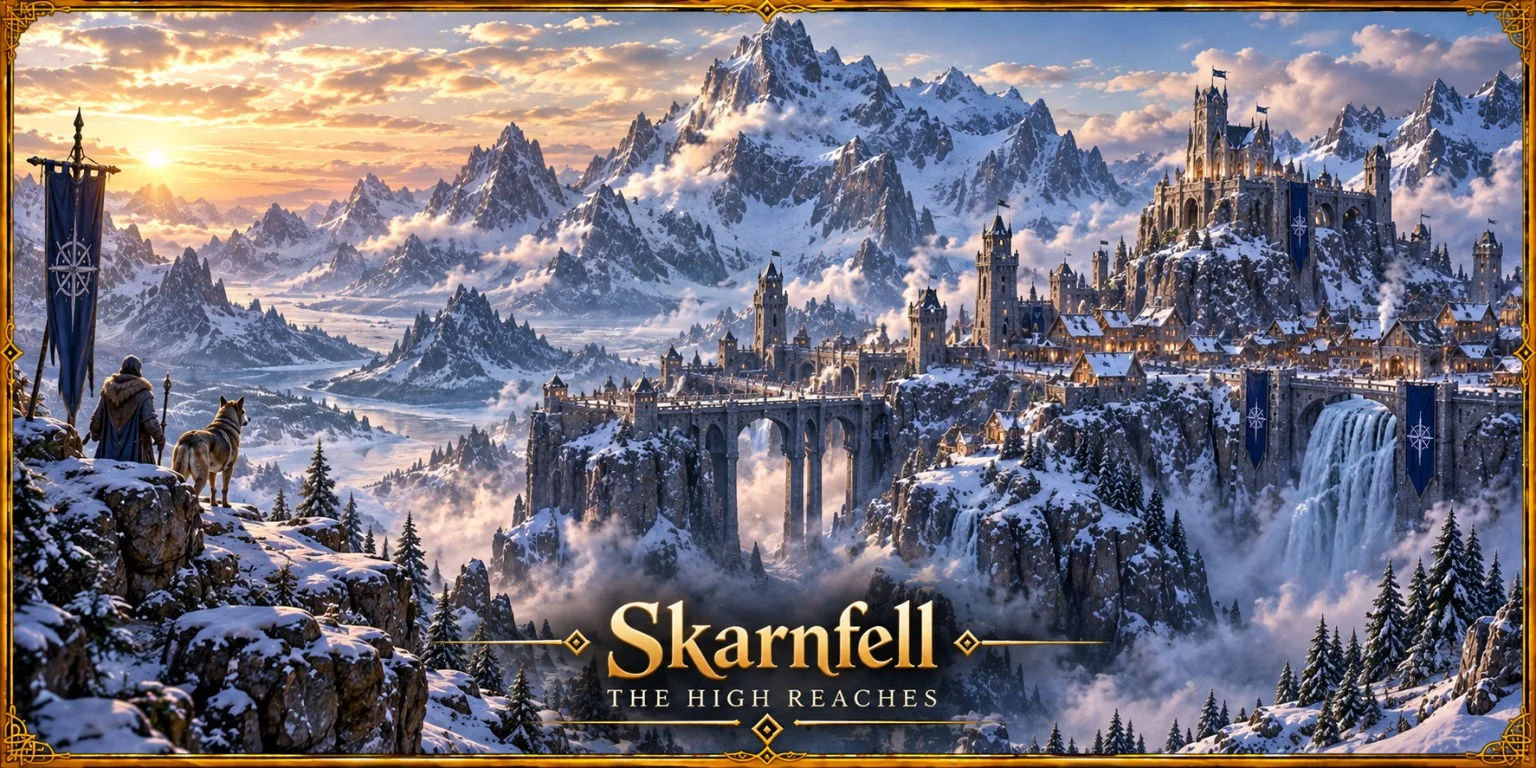 A snowy mountain fortress spans steep cliffs and frozen waterfalls, with travelers overlooking the valley.