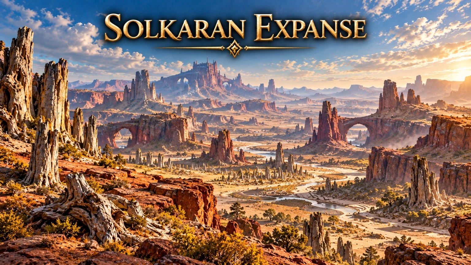 Sunlit mesas, stone spires, and scattered ruins stretch across a desert plain.