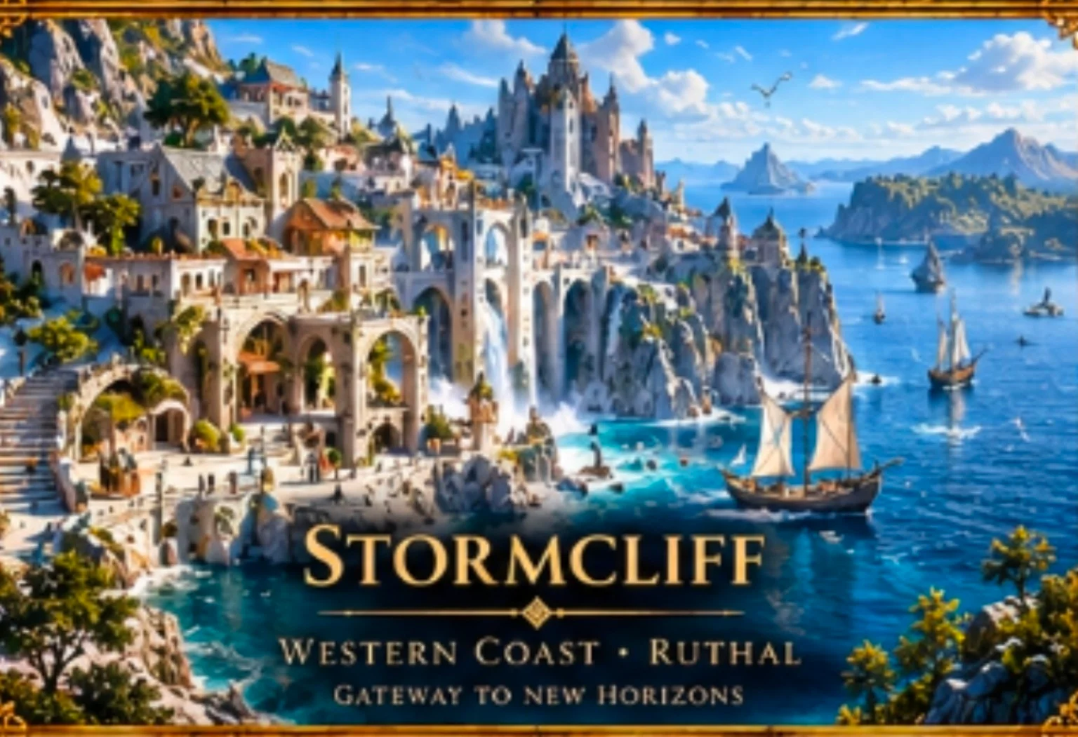 A bright coastal city rises above rocky cliffs, with arched bridges, waterfalls, and sailboats in a sheltered blue harbor.