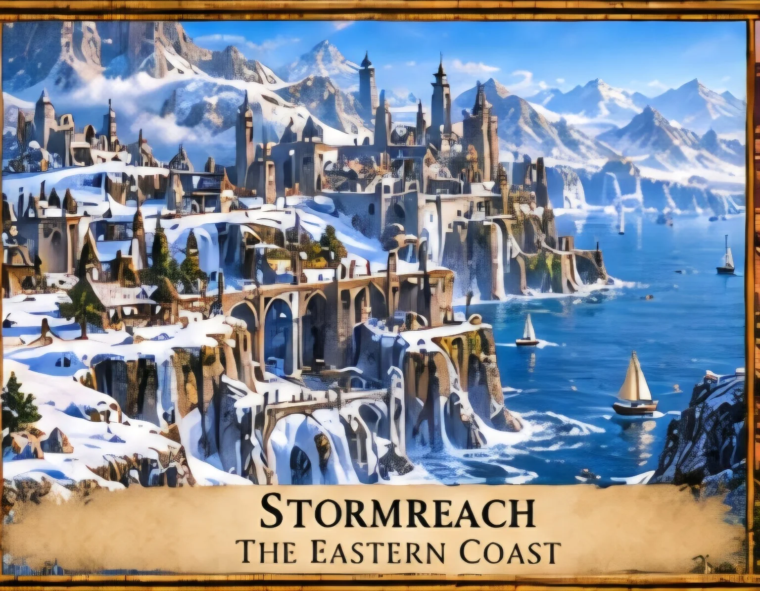 A coastal city of stone towers and arched bridges above snowy cliffs, overlooking blue water and sailing boats.