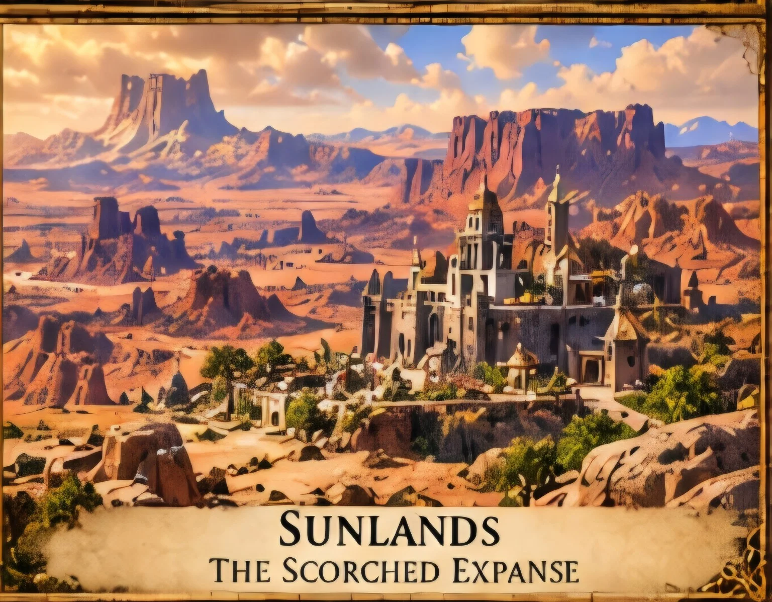 A stone settlement rises from a sunlit desert of red mesas, sandy plains, and scattered greenery.