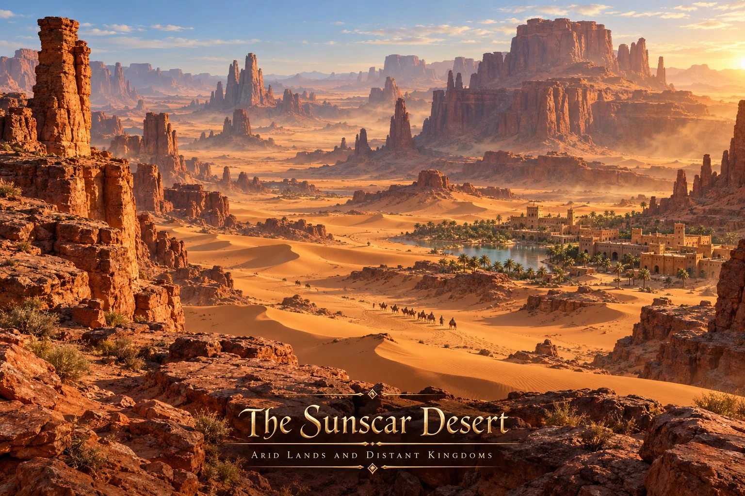 Red sandstone mesas and rock spires rise above sweeping dunes, with a caravan crossing toward a green oasis settlement.