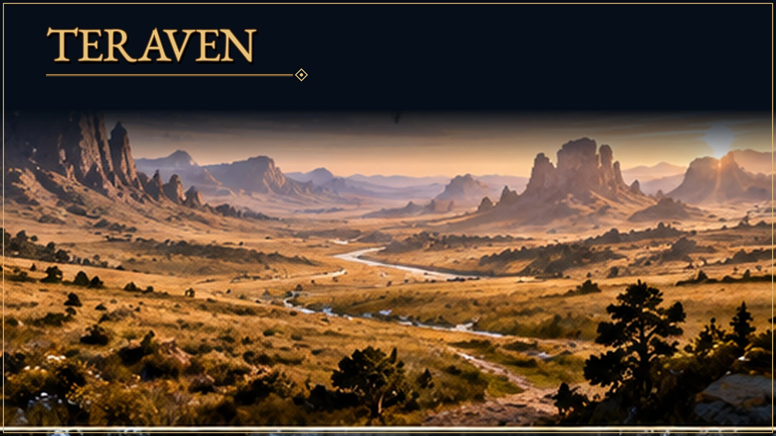 Panoramic view of Teraven, with golden grasslands, sandstone mesas, and distant desert mountains.