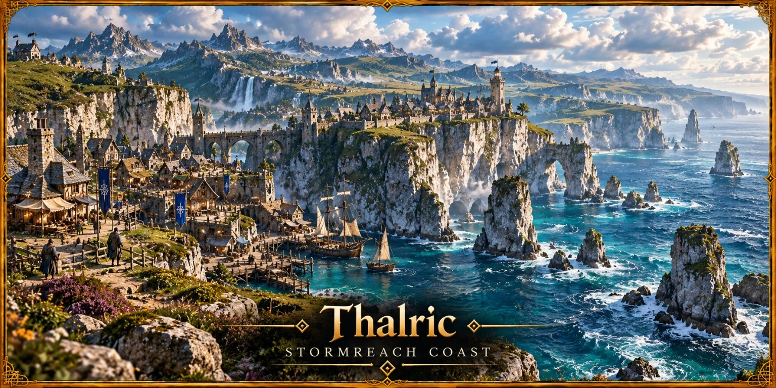 A cliff-top settlement and stone bridges overlook white coastal cliffs, turquoise waters, and sailing boats.