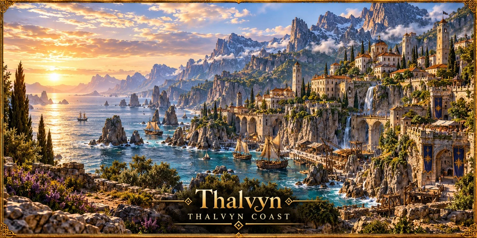 A sunlit coastal city of stone towers and terraces overlooks sailing ships, rocky sea stacks, and distant mountains.
