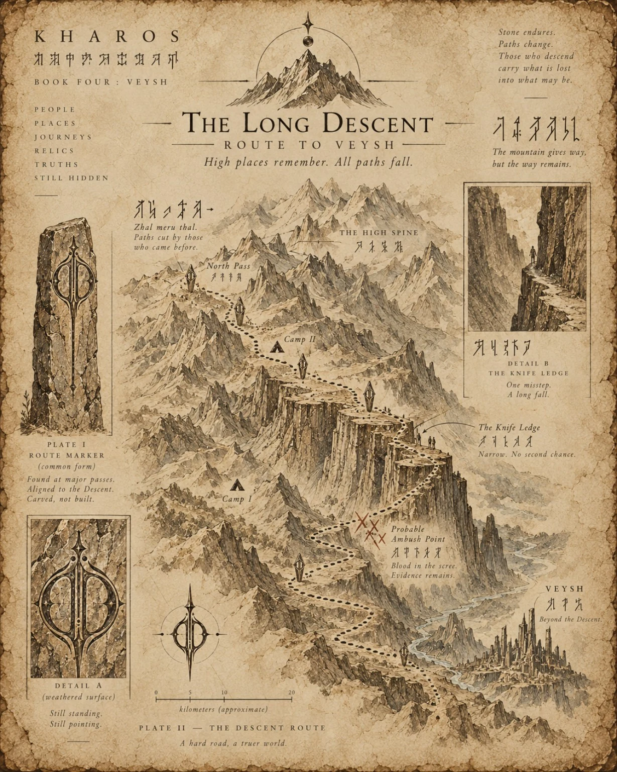 Sepia reference plate showing a winding mountain descent, a distant settlement, route details, and ancient inscriptions.