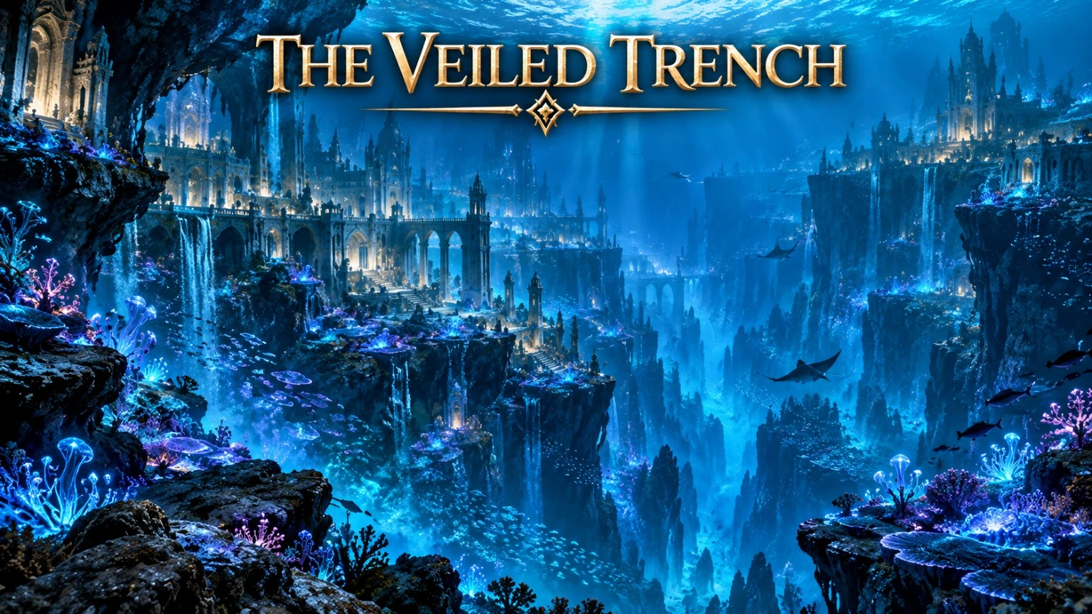 Blue light illuminates submerged stone structures in a deep underwater trench.