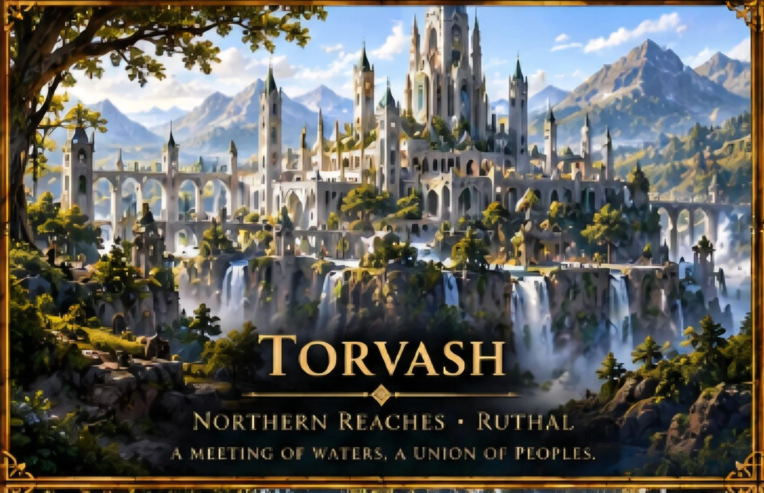 A city of soaring stone spires and arched bridges stands above waterfalls amid green valleys and distant mountains.