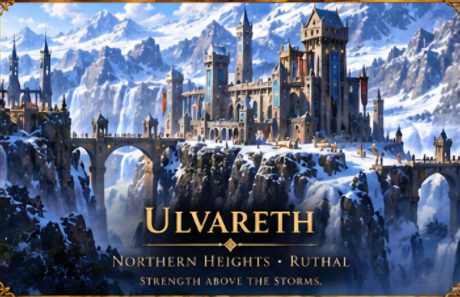 A fortified city with tall stone towers and arched bridges crowns snowy cliffs beneath rugged mountain peaks.