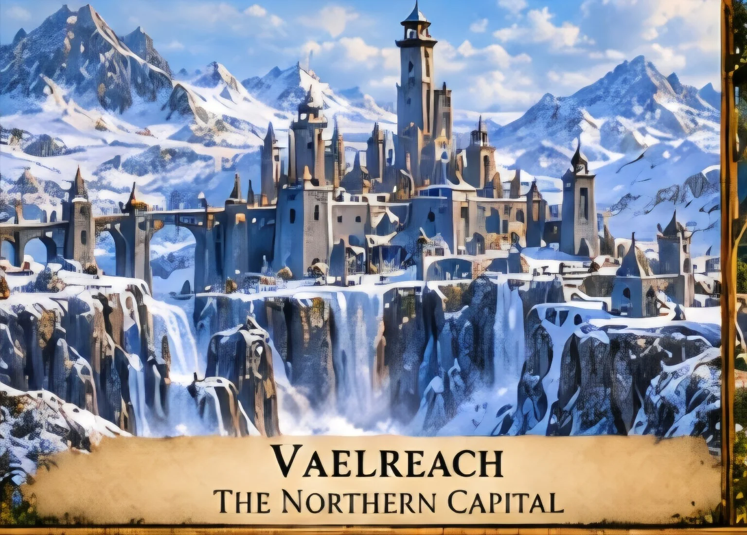 A snow-covered mountain capital with tall stone towers, bridges, and waterfalls descending from icy cliffs.