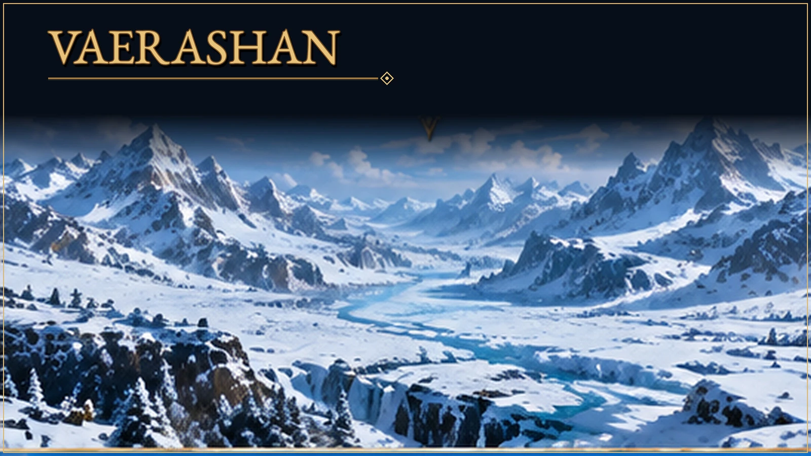 Panoramic view of Vaerashan, with snow-covered mountain ranges and a frozen river valley.