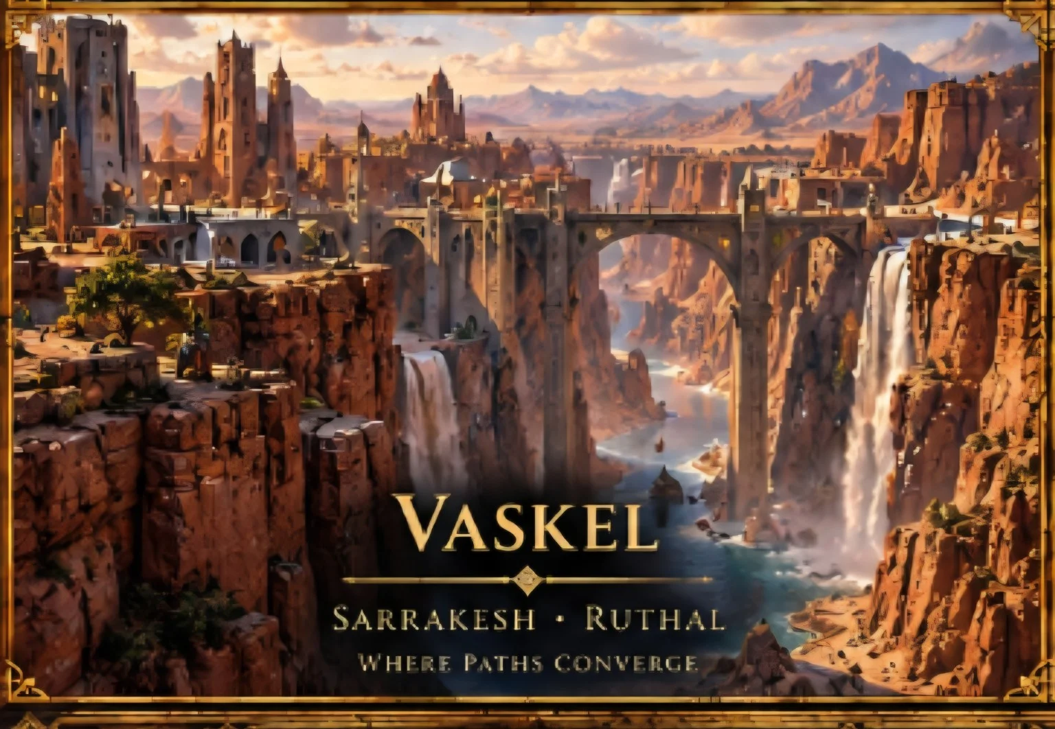 A red stone city spans a deep river canyon with tall bridges and waterfalls beneath desert cliffs.