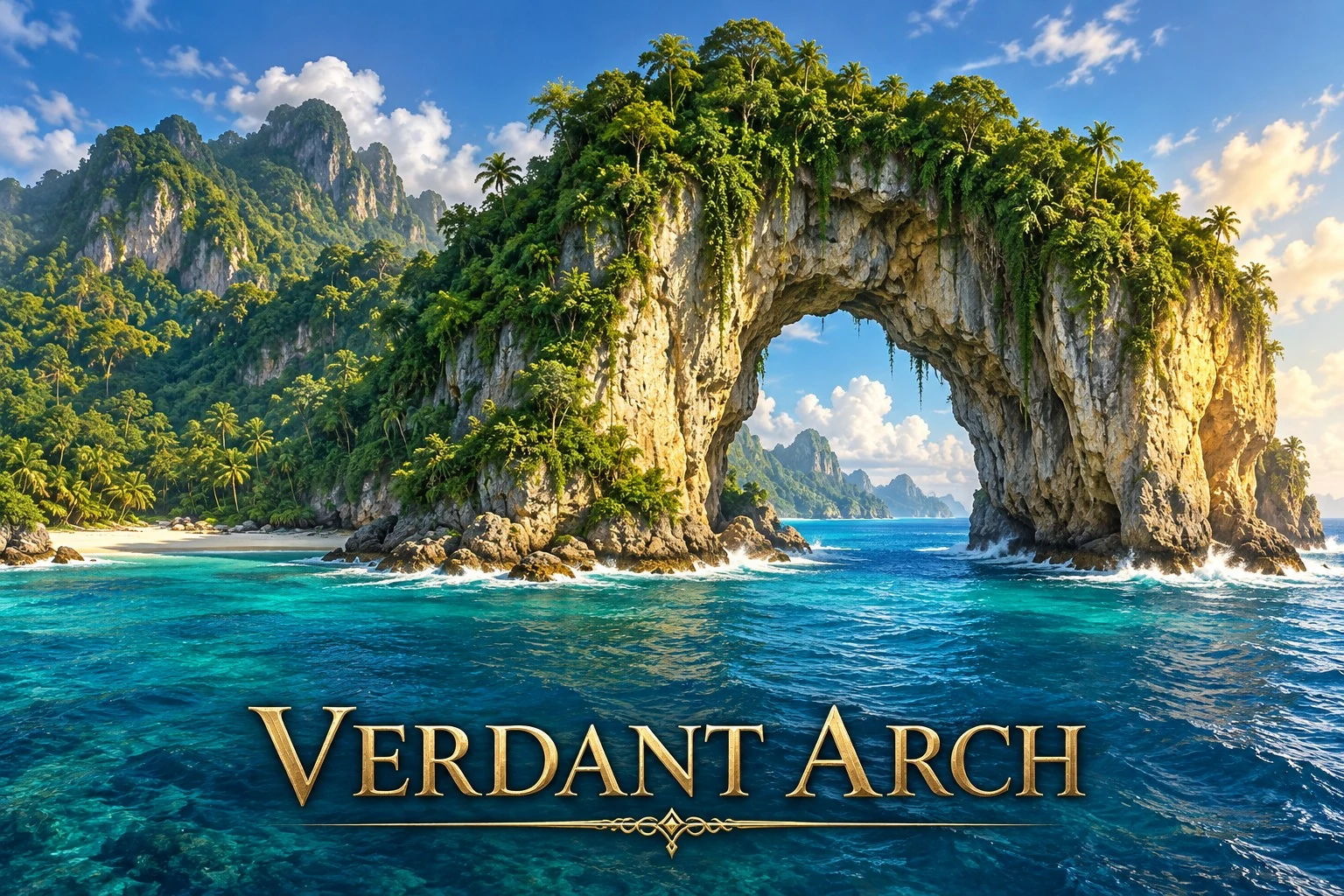 A towering natural stone arch covered in tropical greenery spans clear blue water beside a forested coast.
