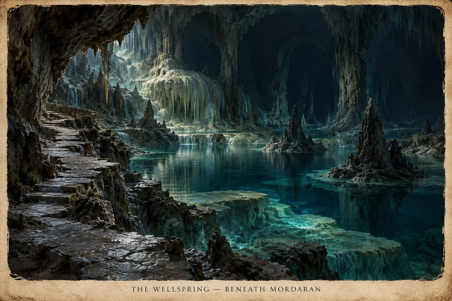 A clear turquoise wellspring fills a cavern beneath stalactites and shafts of daylight.