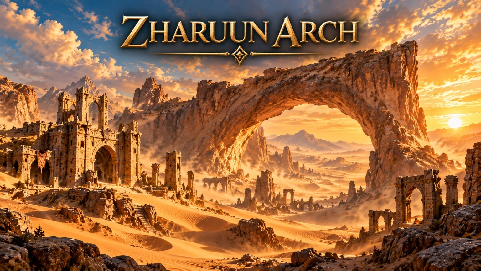A monumental natural arch above sunlit desert ruins and sandstone cliffs.