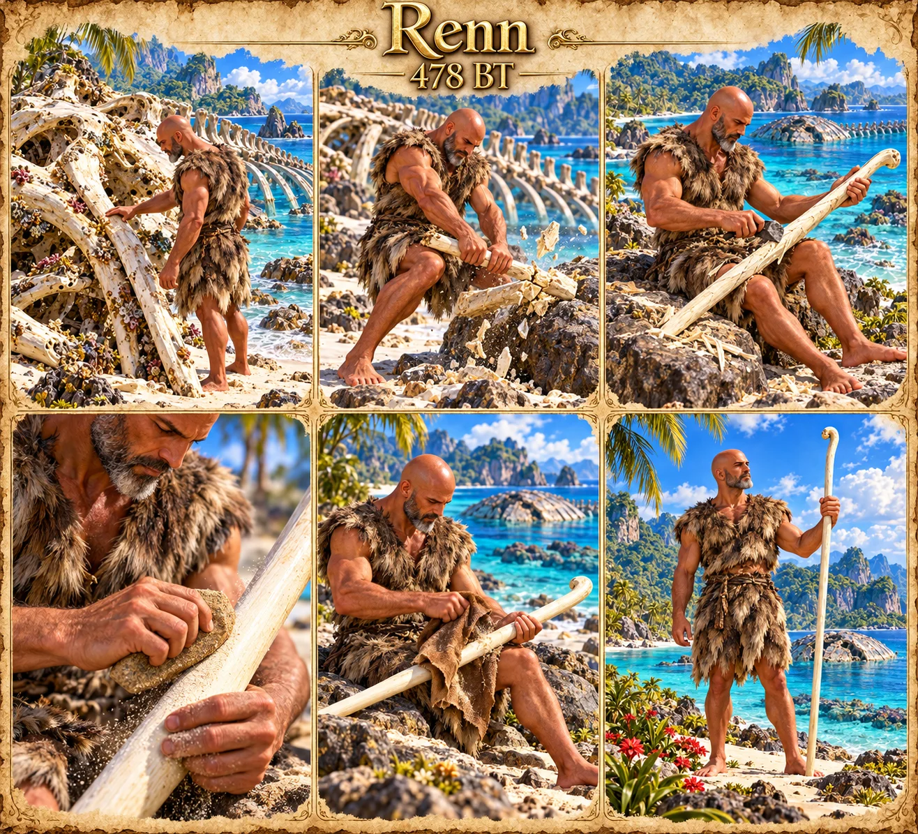 Six illustrated panels show Renn selecting, carving, and smoothing a bone staff beside a colossal sea skeleton on a tropical shore in 478 BT.
