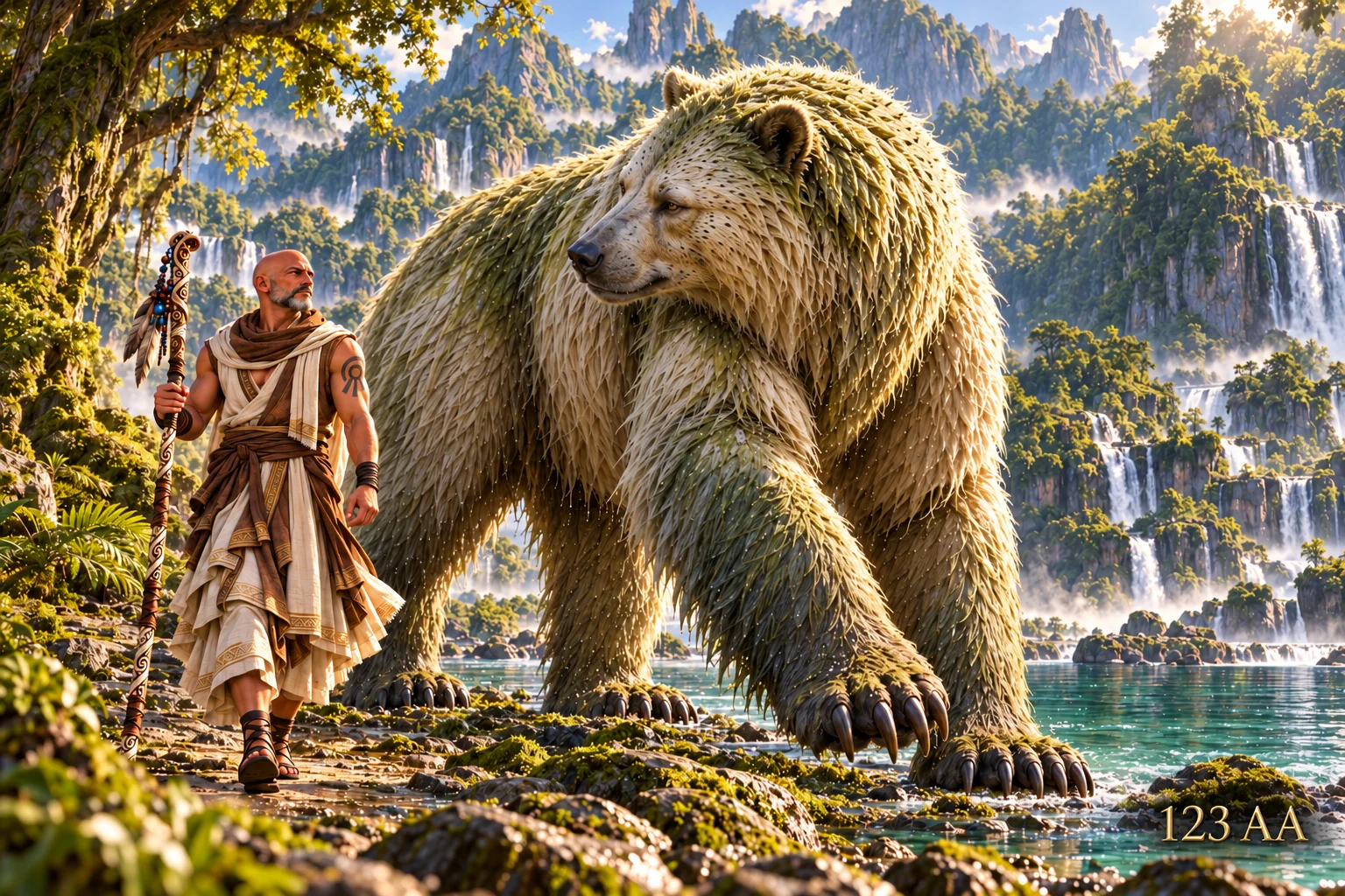 Renn stands beside an enormous Urska beneath trees in a sunlit mountain landscape.