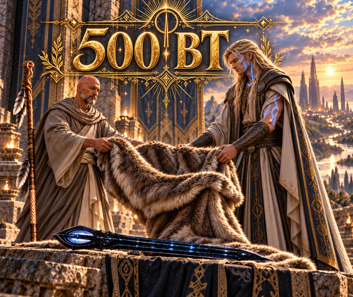 Two robed figures present a fur at a sunset ceremony before a golden city.