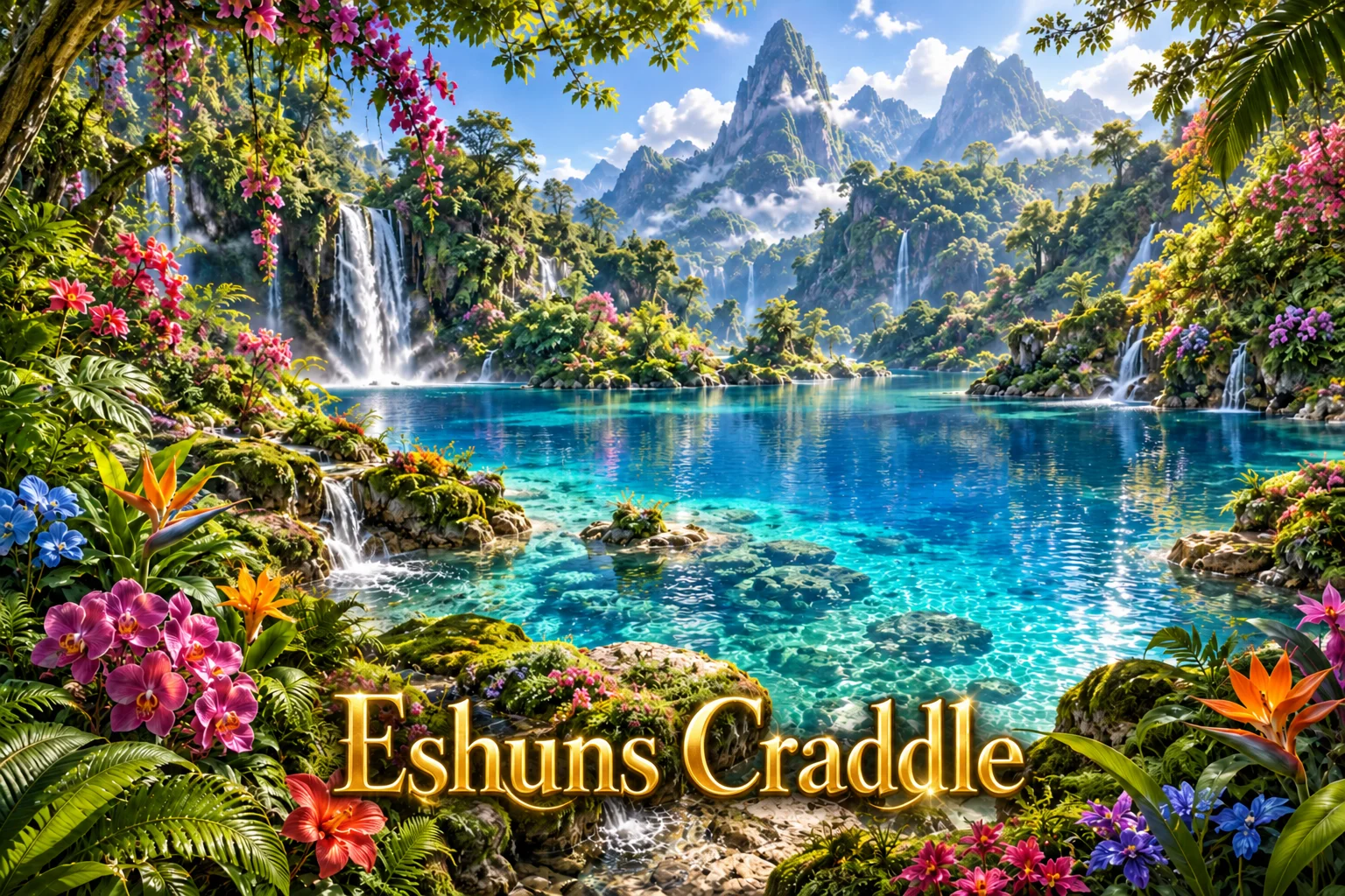 Waterfalls flow into a turquoise lake surrounded by flowers, forest, and distant snowy peaks.
